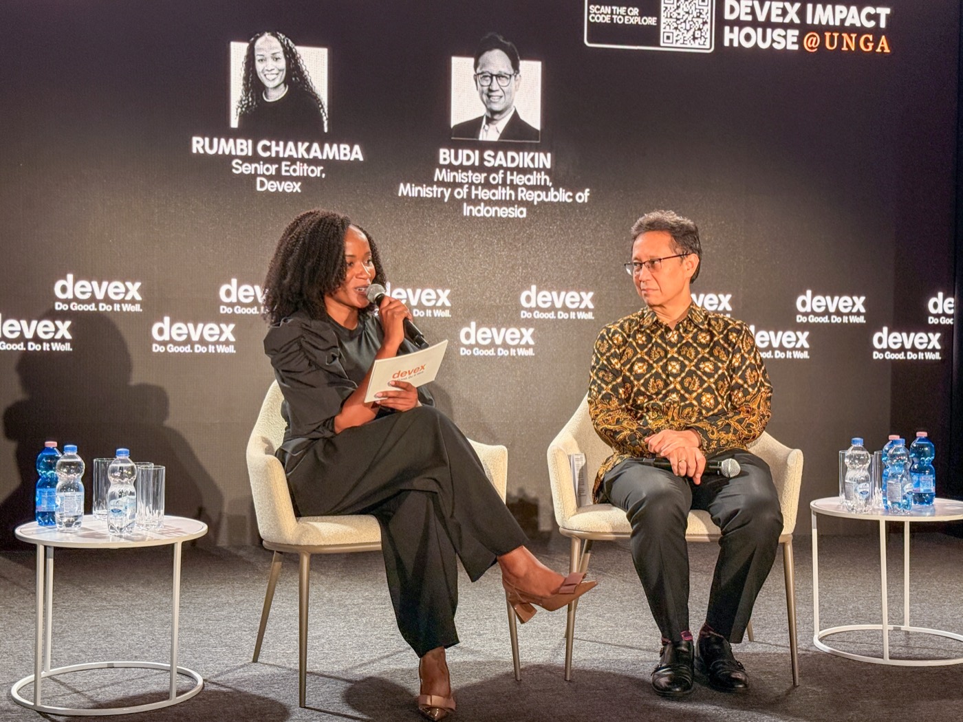 Minister Budi Gunadi Sadikin in conversation with Rumbi Chakamba at Devex Impact House during UNGA